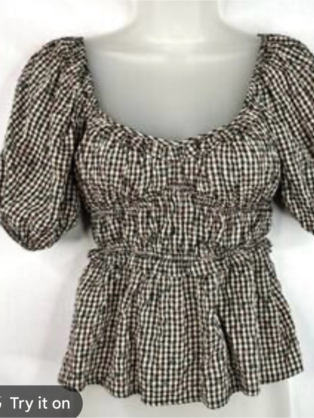 Gingham Smocked Puff-Sleeve Peplum Top - Brown/Black